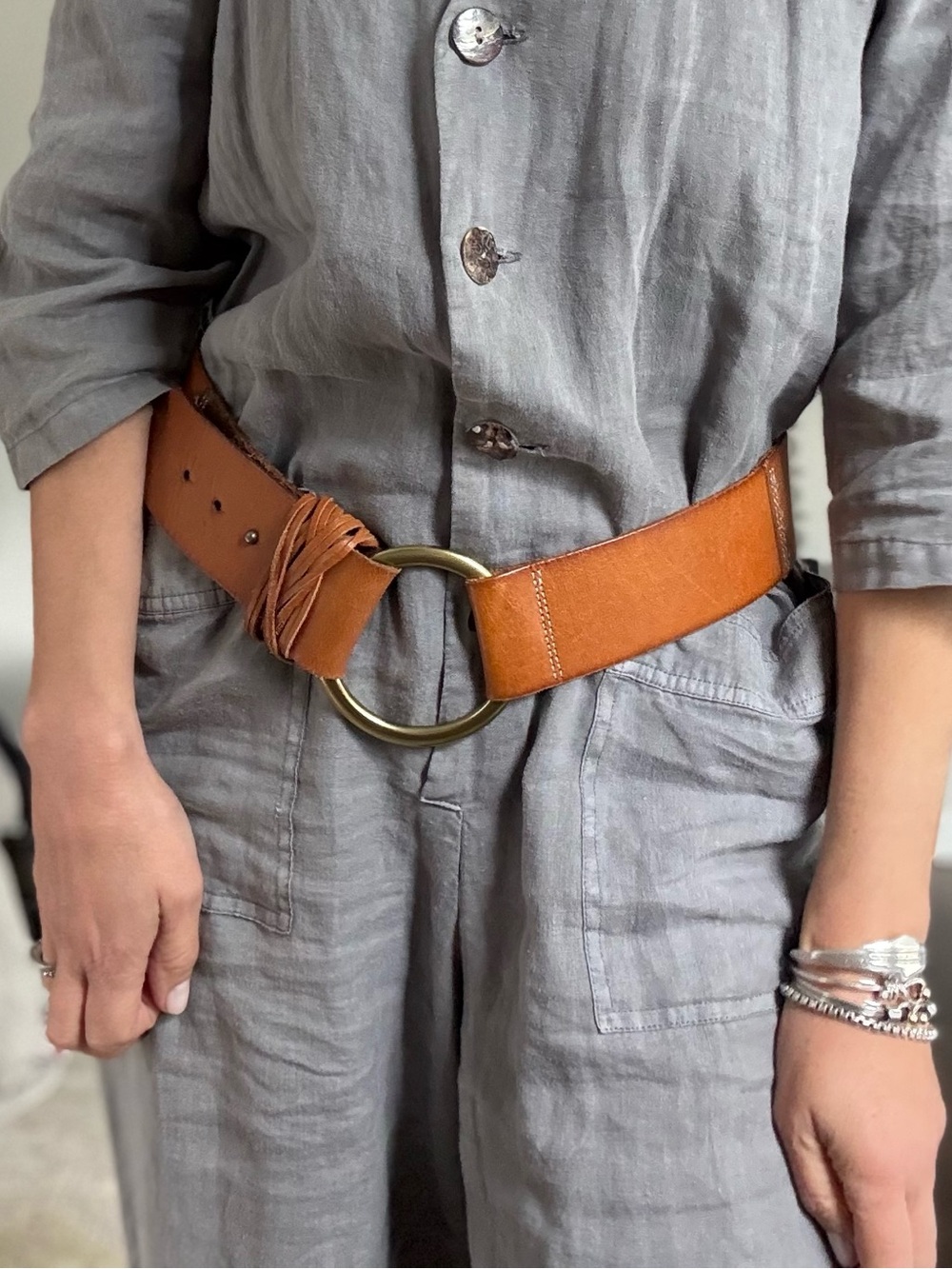 Linnea Pelle  Wide Brown leather Round Buckle Waist Belt